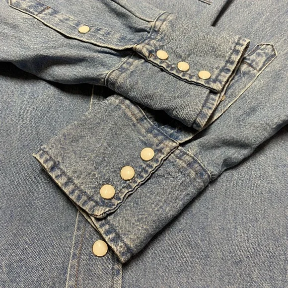 Wrangler Pearl Snap Button Down Long Sleeve Shirt Men’s L Blue Jean Casual Denim - Picture 8 of 10